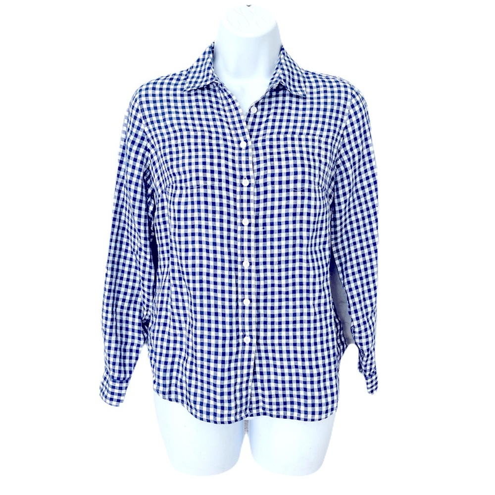 Talbots Petite Blue & White 100% Linen Gingham Long Sleeve Button Down, Size P